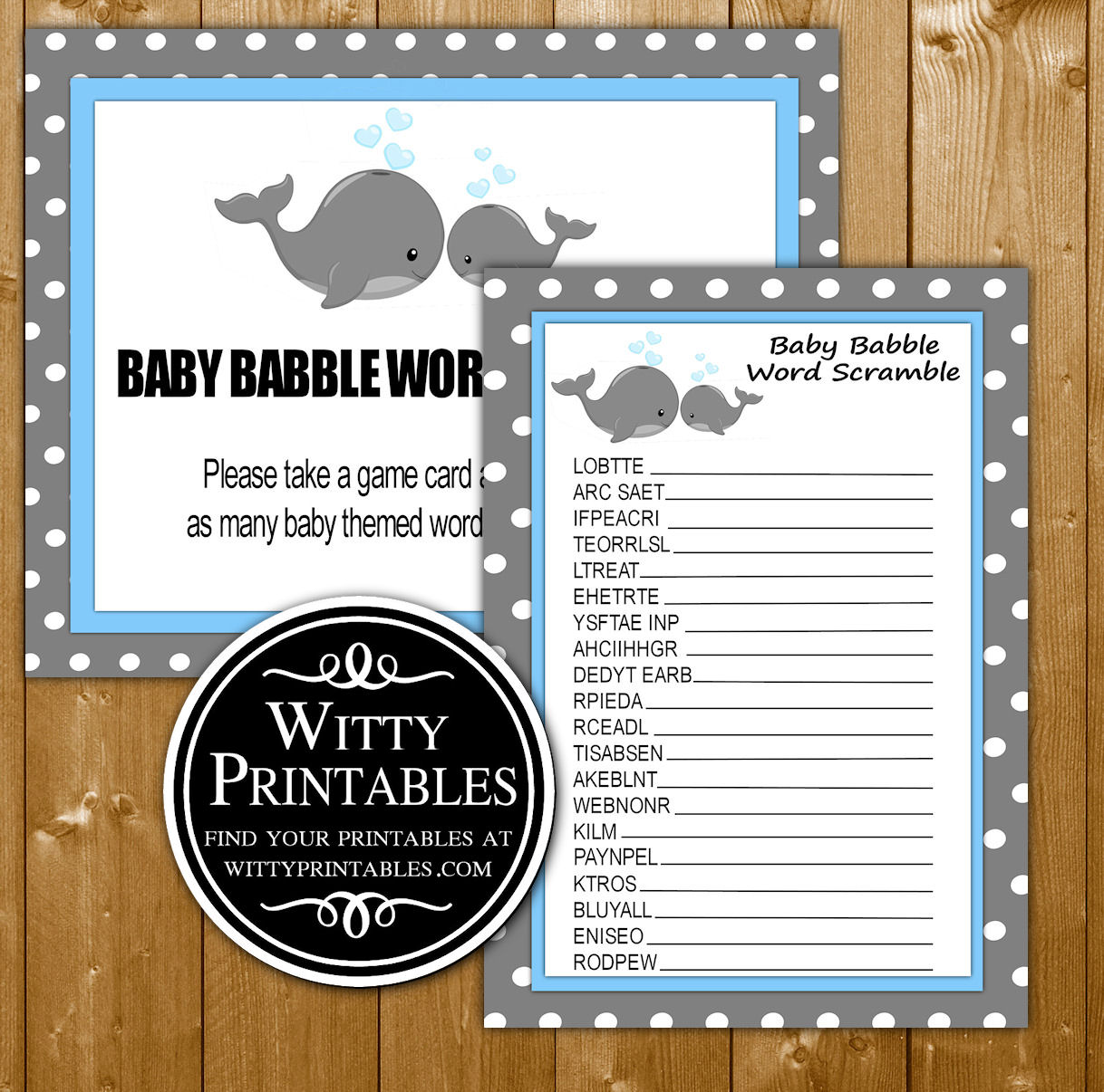 Word Scramble Baby Shower Game Blue Whales Theme For A Boy Wittyprintables