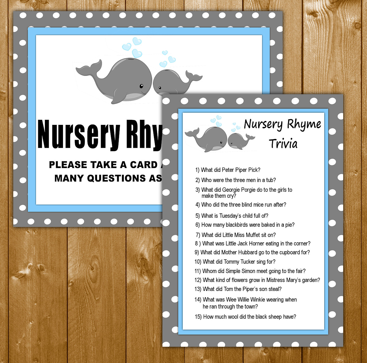 Nursery Rhyme Trivia Baby Shower Game Blue Whales Theme For A Boy