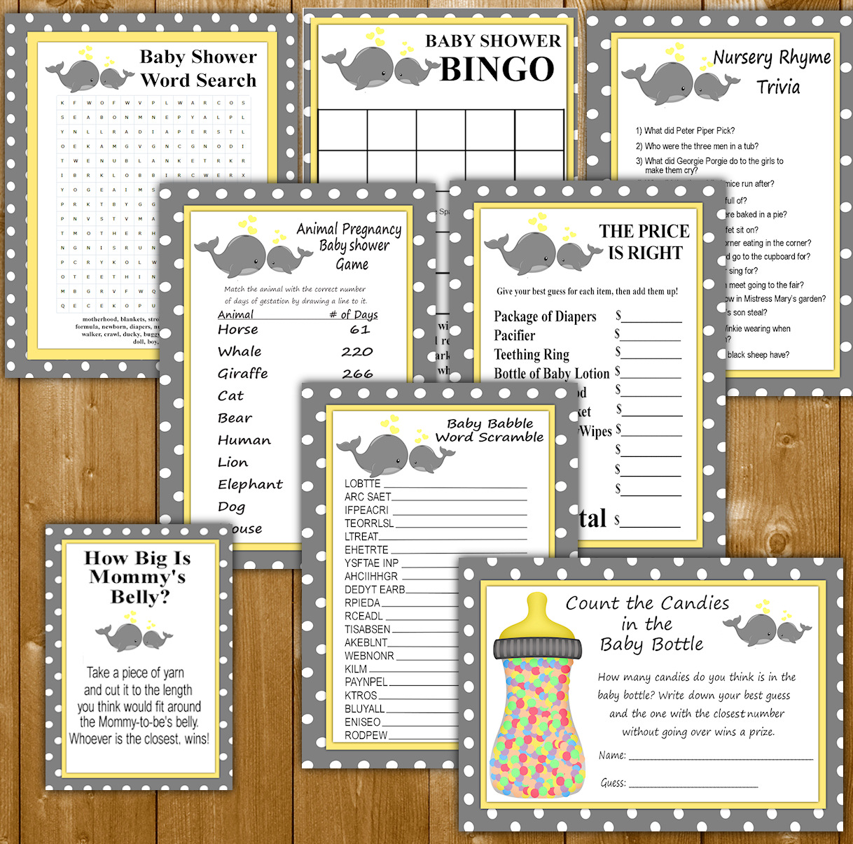 10 Baby Shower Games Pack Yellow Whale Neutral Theme Wittyprintables