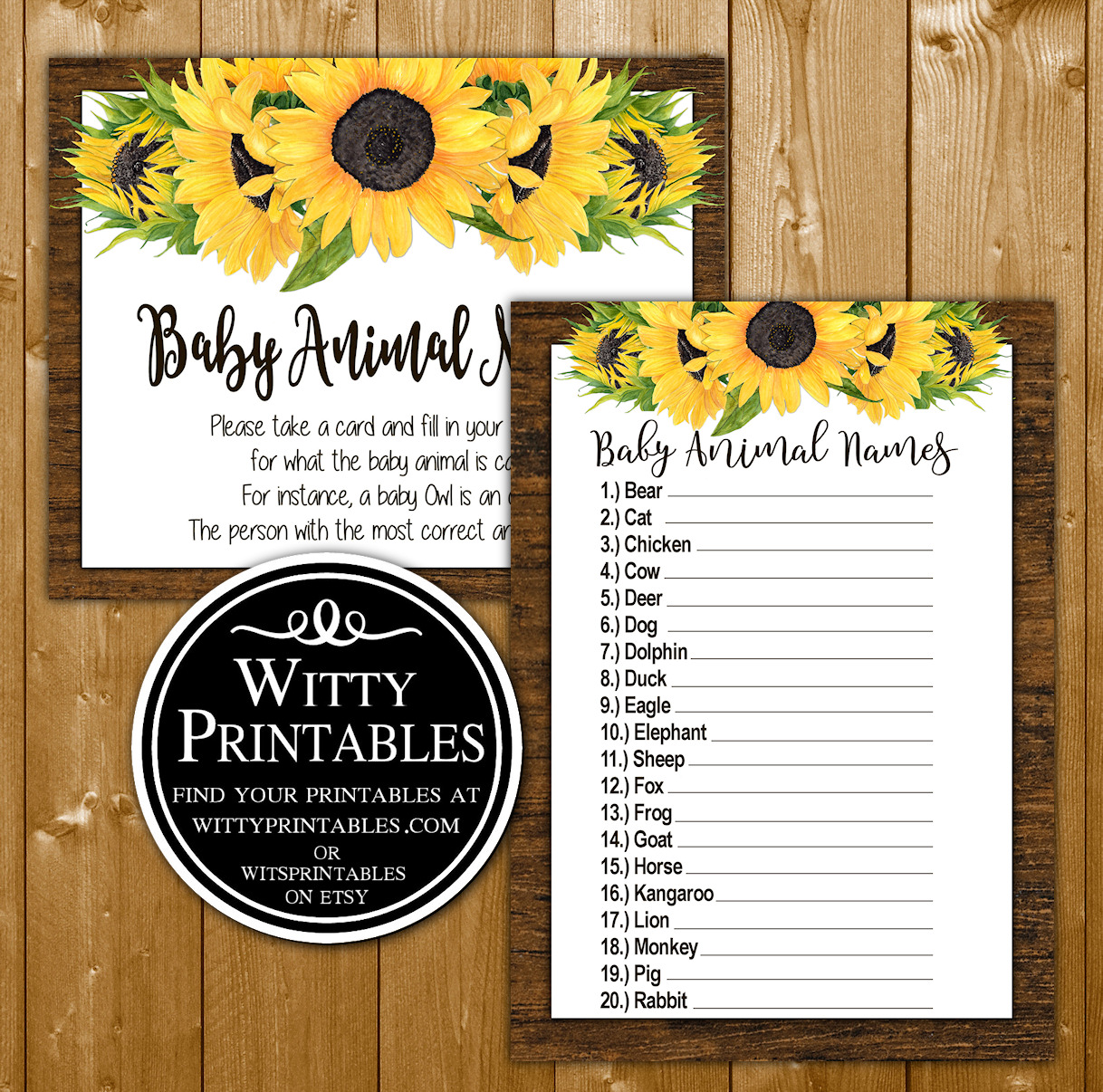 Baby Animal Names Shower Game Sunflowers Theme Wittyprintables