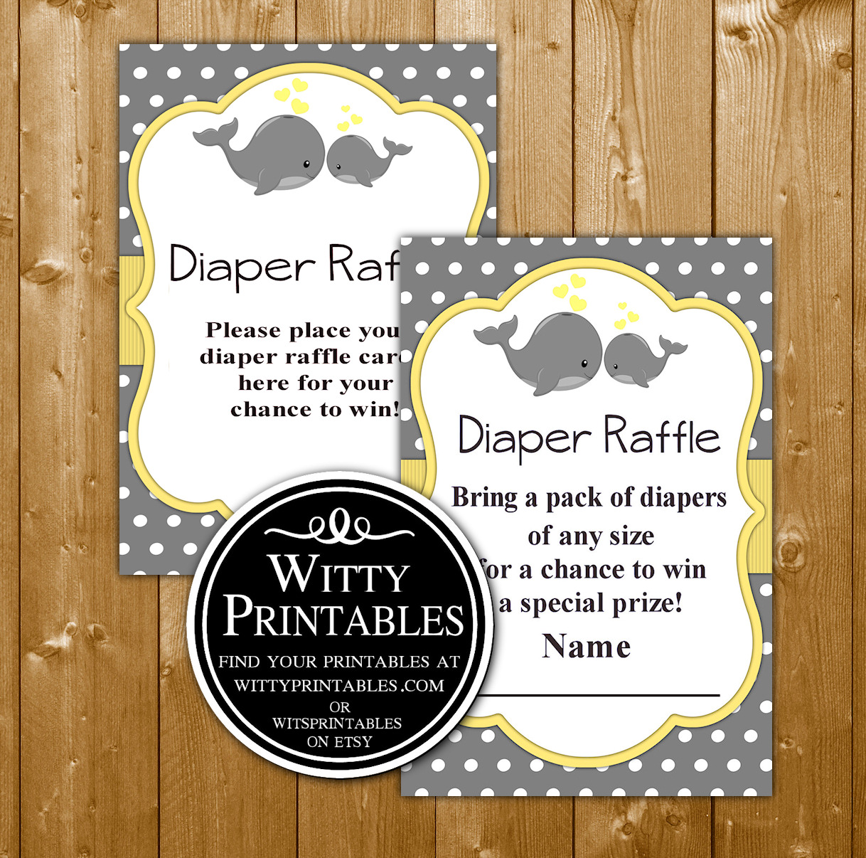 Diaper Raffle Ticket Printable Yellow Whales for a Neutral Baby Shower