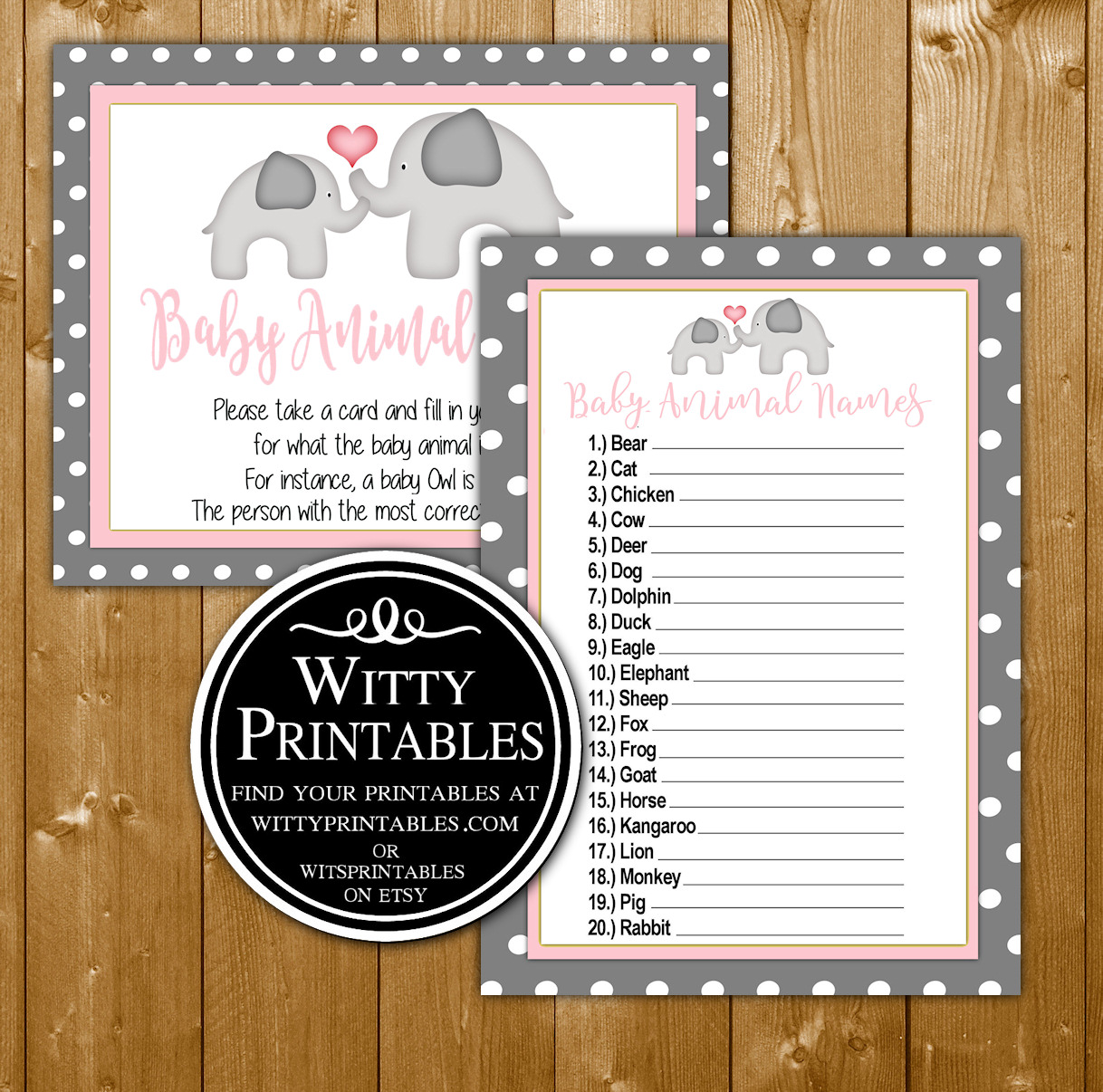 Animal Names Baby Shower Game Printable Pink Elephant Theme For A Girl Baby Shower Wittyprintables