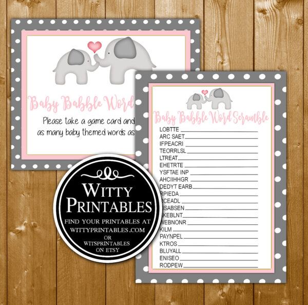 Word Scramble Baby Shower Game Printable Pink Elephant Theme For A