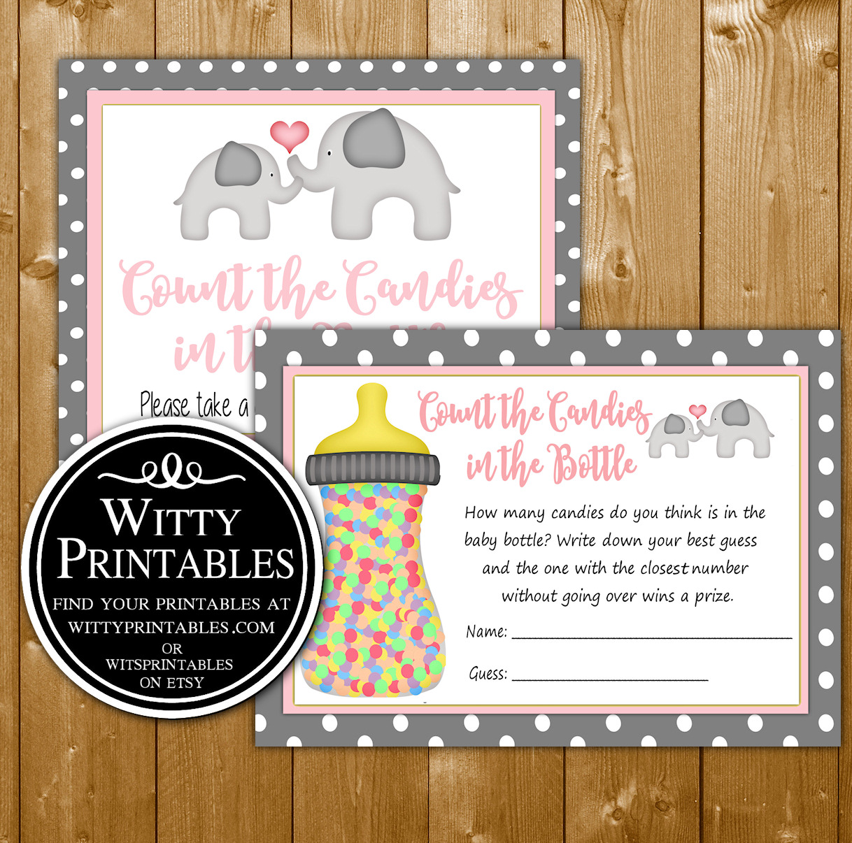 Candy In A Bottle Baby Shower Game Printable Pink Elephant Theme For A Girl Baby Shower Wittyprintables