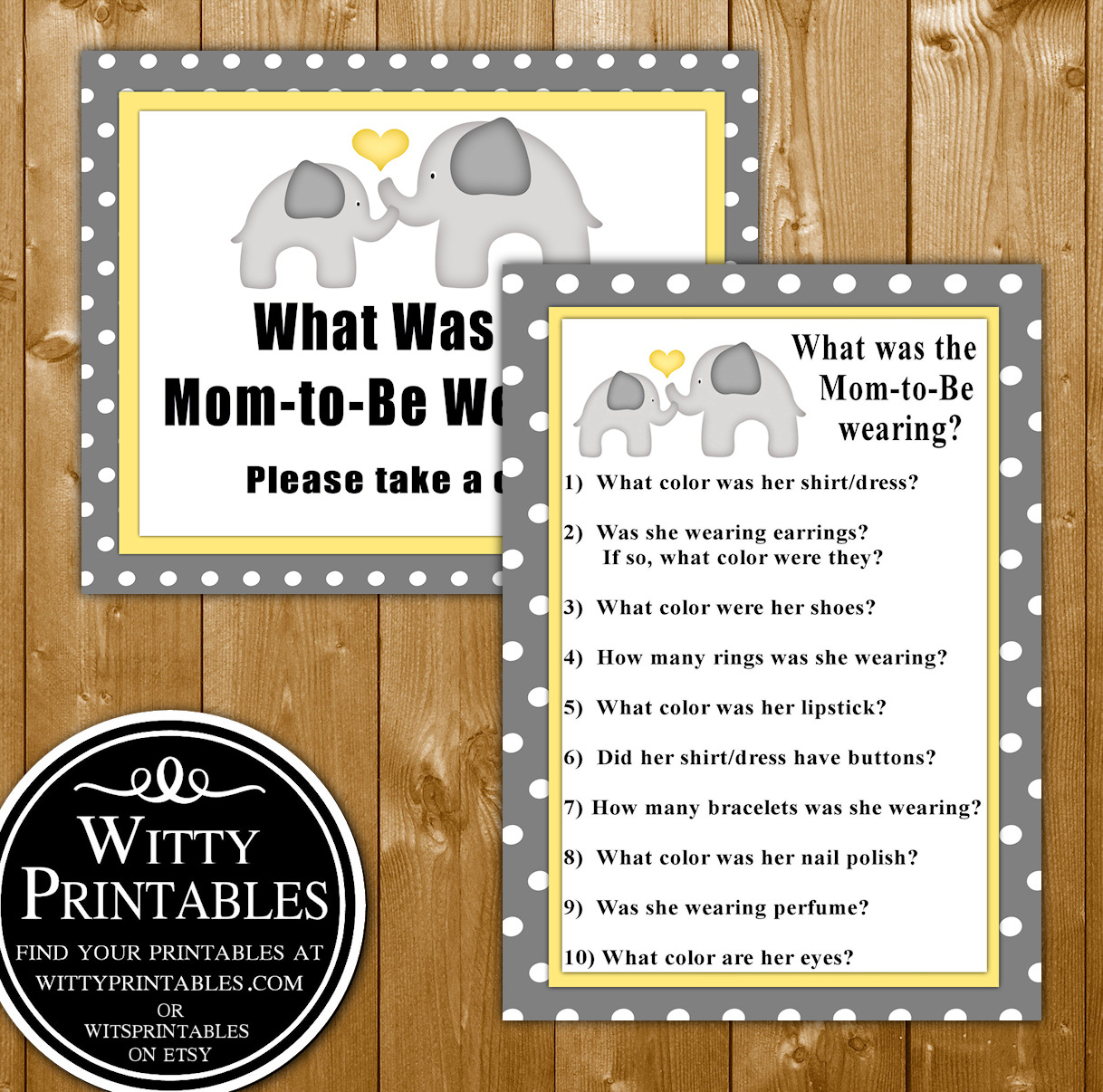 What Is Mom Wearing Baby Shower Game Printable Yellow Elephant