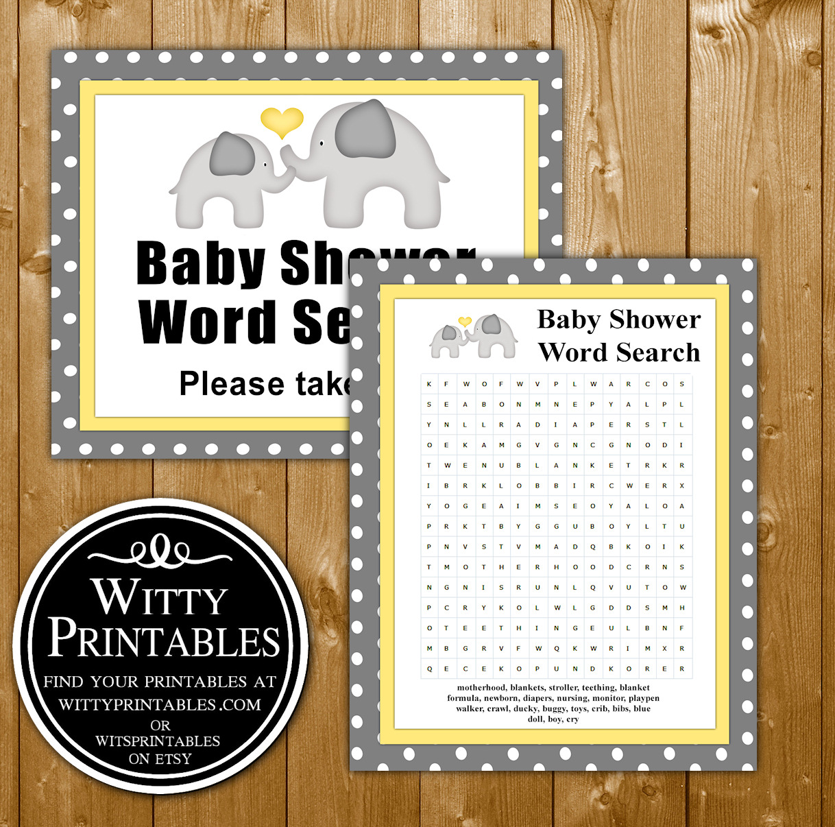 Word Search Baby Shower Game Printable Yellow Elephant Neutral Theme