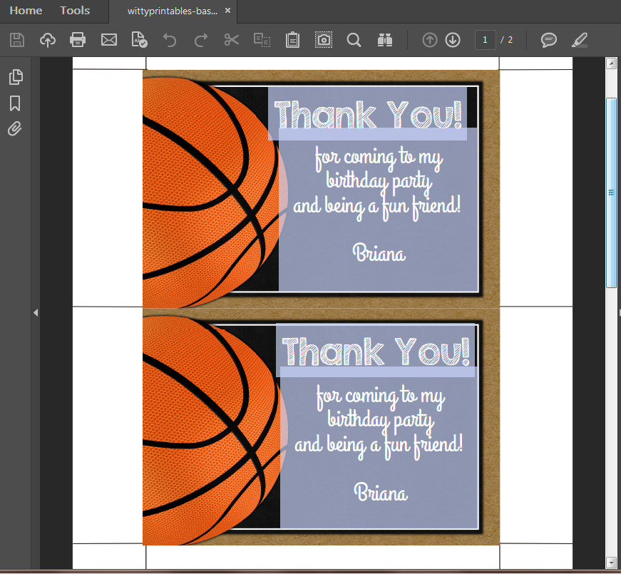 Basketball Thank You Card for a Birthday Party or Team Event