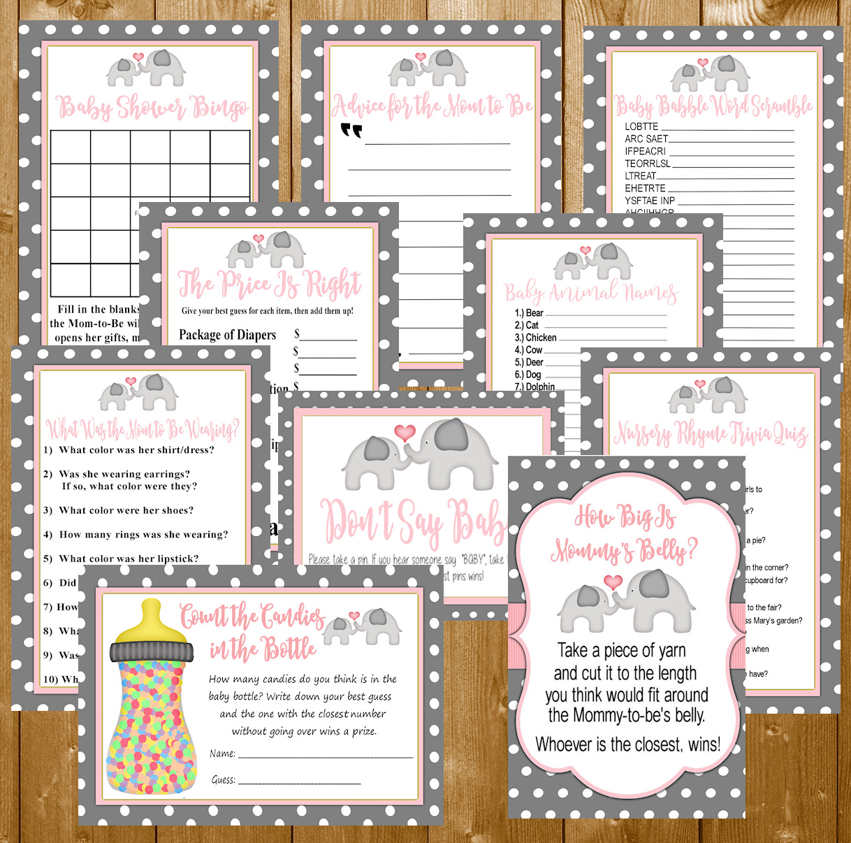 10 Baby Shower Games Pack Pink Elephant Theme For Girl