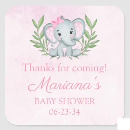 girl pink elephant favor stickers baby shower
