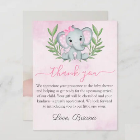 pink elephant thank your note card girl baby shower