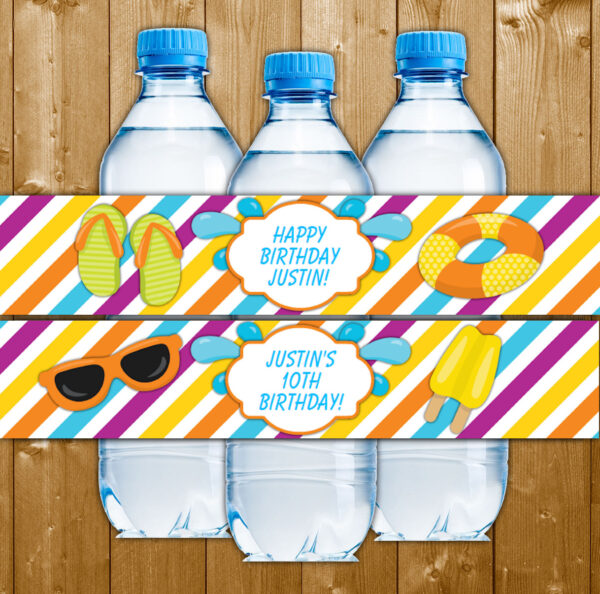 pool party water bottle label party printables boy