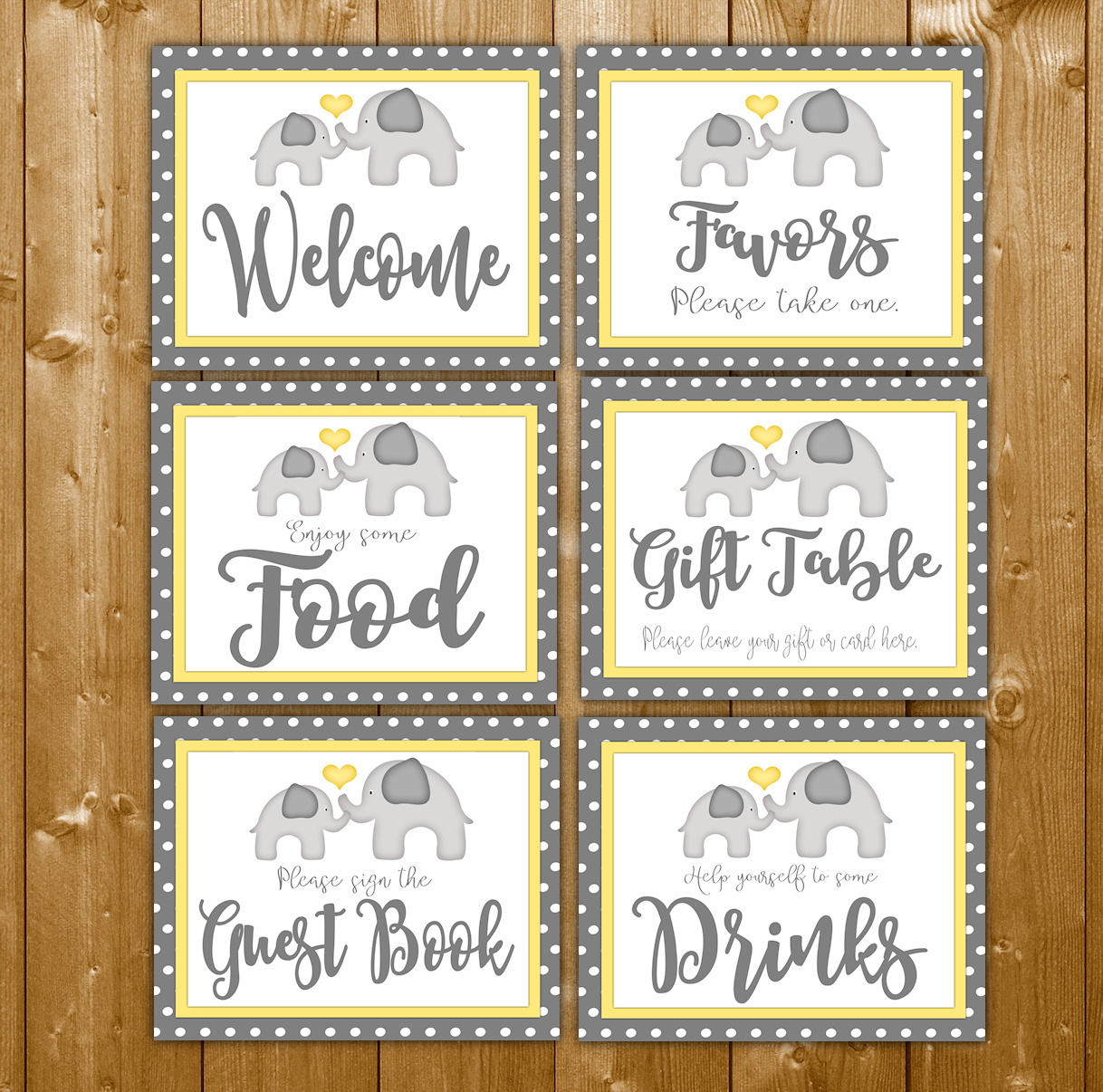 6 Baby Shower Signs Pack In The Yellow Elephant Theme Neutral Shower