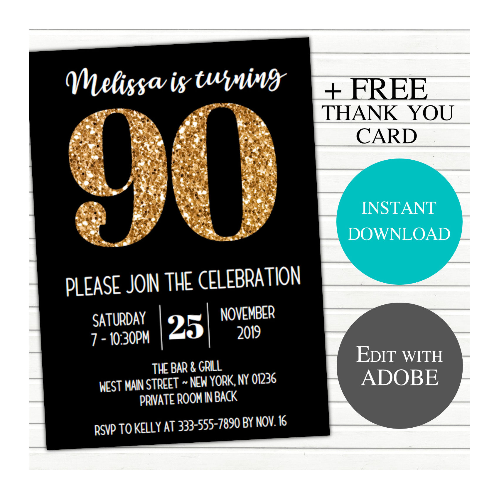 Gold Glitter on Black 90th Birthday Party Invitation | WittyPrintables