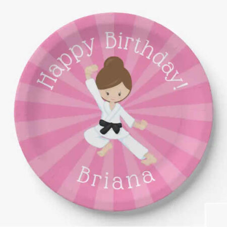 karate girl birthday party printables paper plate brown hair