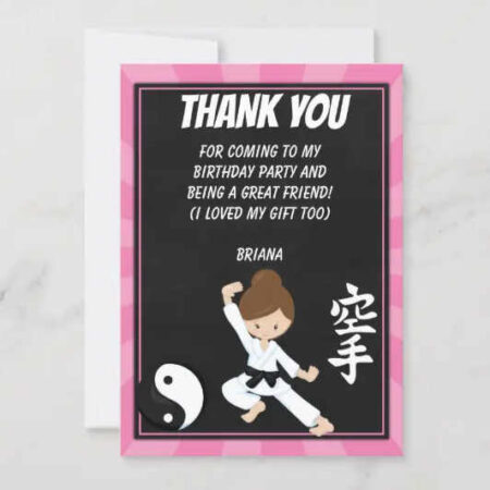 karate girl birthday party printables thank you card brown hair