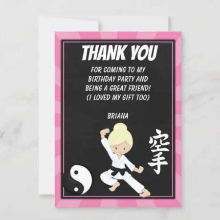 karate girl birthday party printables thank you card blond