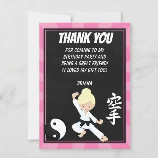 Girl Karate Party Printables Thank You Note Blond Hair