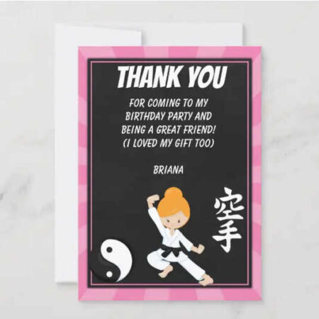 karate girl birthday party printables thank you card red head