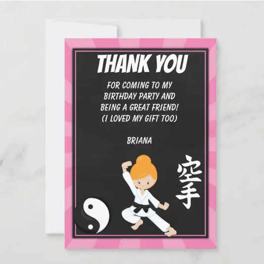 Girl Karate Party Printables Thank You Note Red Hair