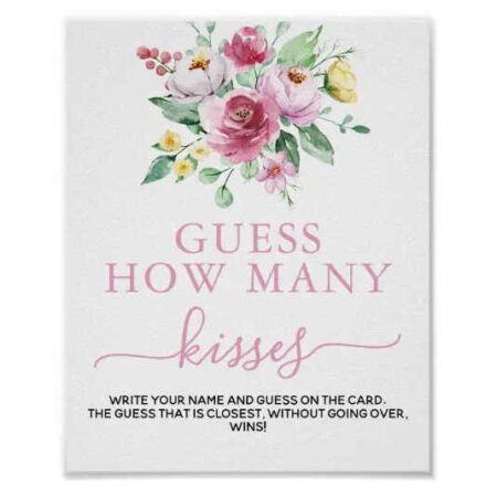 pink floral baby shower sign how many kisses game