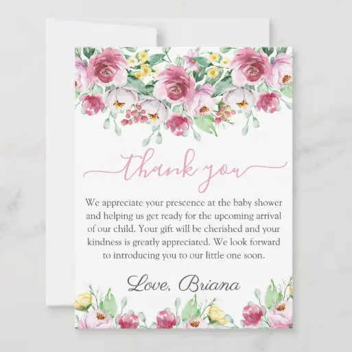 Pink Watercolor Floral Girl Baby Shower Thank You Card | WittyPrintables
