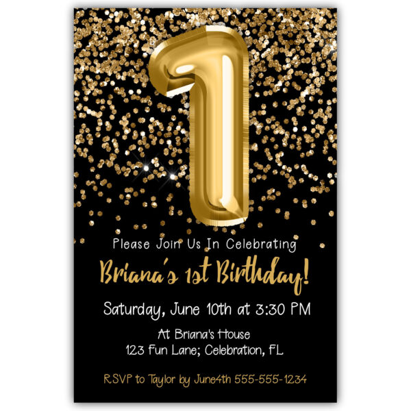 gold glitter foil balloons black 1st birthday invitation