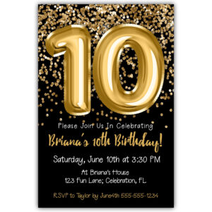 10th Birthday Invitation Gold Balloons Glitter on Black Birthday Party Invite for a 10 Year Old