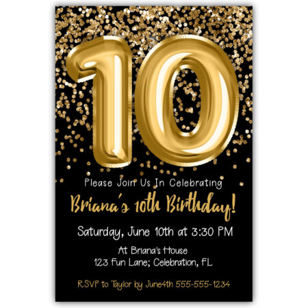 gold glitter foil balloons black 10th birthday invitation