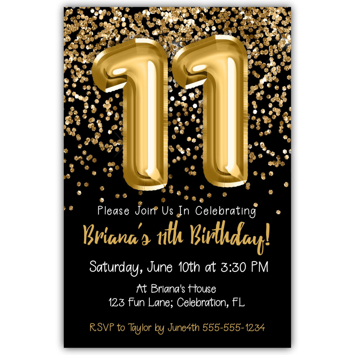 11th-birthday-invitation-gold-balloons-glitter-on-black-birthday-party