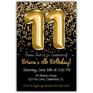 gold glitter foil balloons black 11th birthday invitation