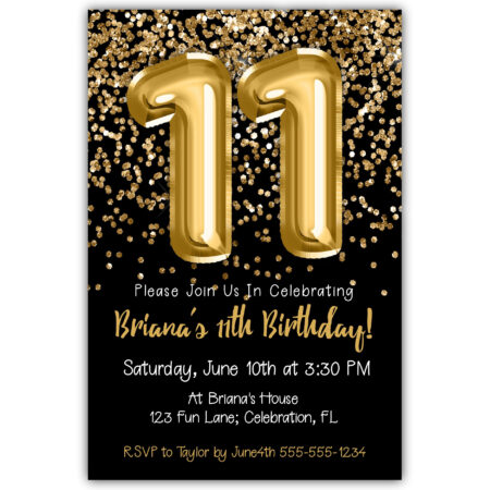 gold glitter foil balloons black 11th birthday invitation