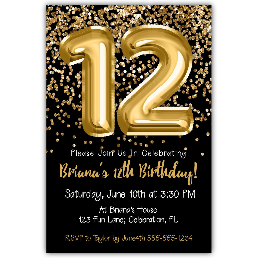 12th-birthday-invitation-gold-balloons-glitter-on-black-birthday-party