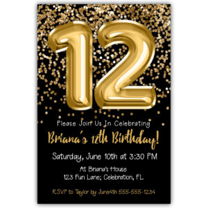 12th Birthday Invitation Gold Balloons Glitter on Black Birthday Party Invite for a 12 Year Old
