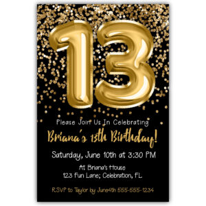 13th Birthday Invitation Gold Balloons Glitter on Black Birthday Party Invite for a 13 Year Old