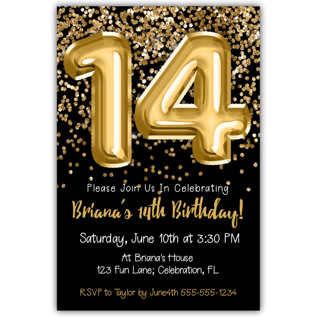 14th-birthday-invitation-gold-balloons-glitter-on-black-birthday-party-invite-for-a-14-year-old