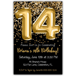 14th Birthday Invitation Gold Balloons Glitter on Black Birthday Party Invite for a 14 Year Old