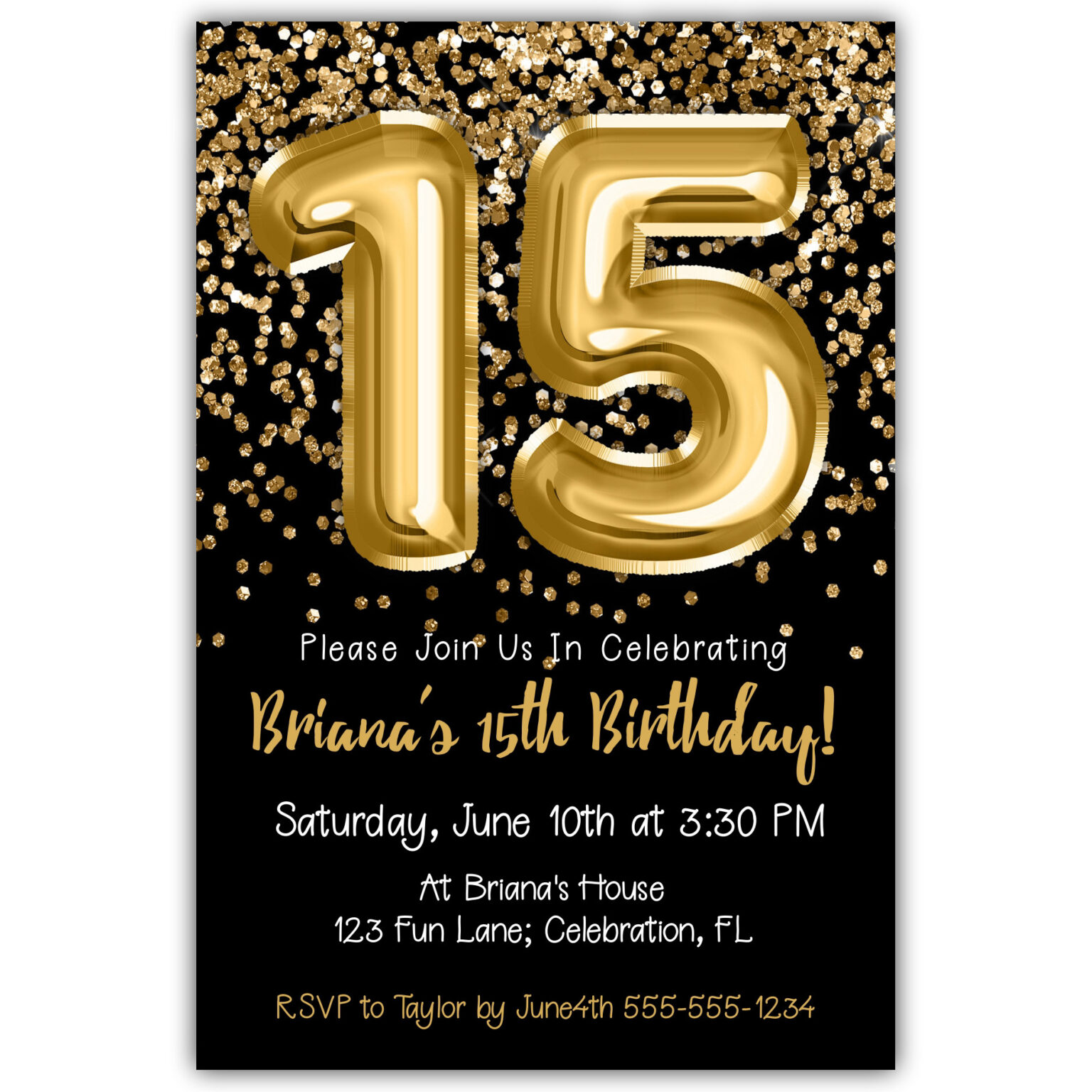 15th-birthday-invitation-gold-balloons-glitter-on-black-birthday-party