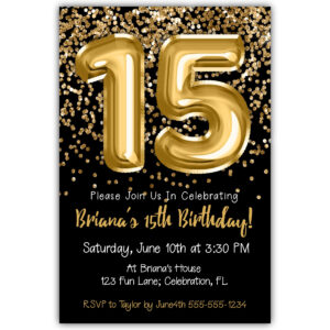 15th Birthday Invitation Gold Balloons Glitter on Black Birthday Party Invite for a 15 Year Old