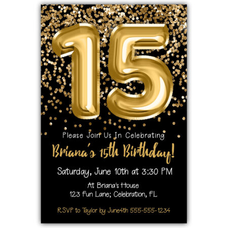 gold glitter foil balloons black 15th birthday invitation