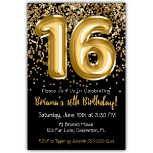 16th Birthday Invitation Gold Balloons Glitter on Black Birthday Party Invite for a 16 Year Old
