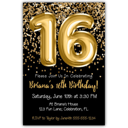 gold glitter foil balloons black 16th birthday invitation