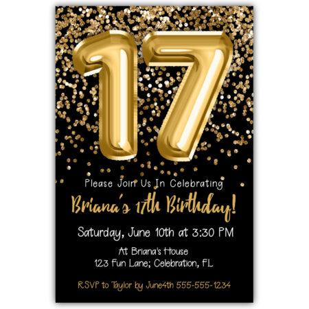 gold glitter foil balloons black 17th birthday invitation