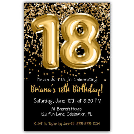 gold glitter foil balloons black 18th birthday invitation
