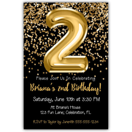 gold glitter foil balloons black 2nd birthday invitation