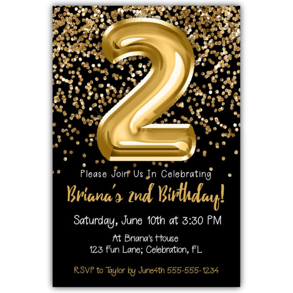 2nd Birthday Invitation Gold Balloons Glitter on Black Birthday Party Invite for a 2 Year Old
