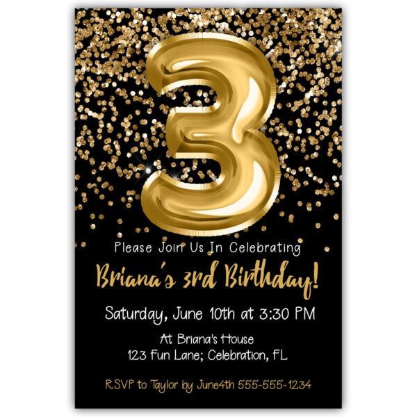 3rd Birthday Invitation Gold Balloons Glitter on Black Birthday Party Invite for a 3 Year Old