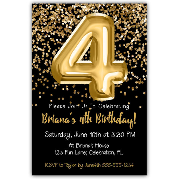 4th Birthday Invitation Gold Balloons Glitter on Black Birthday Party Invite for a 4 Year Old
