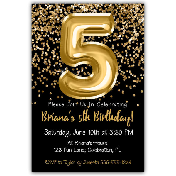 5th Birthday Invitation Gold Balloons Glitter on Black Birthday Party Invite for a 5 Year Old