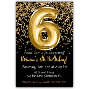 6th Birthday Invitation Gold Balloons Glitter on Black Birthday Party Invite for a 6 Year Old