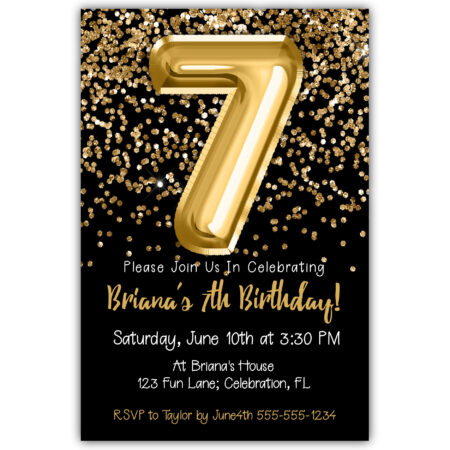 gold glitter foil balloons black 7th birthday invitation